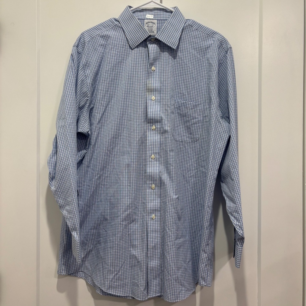 Brooks Brothers Regent Dress Shirt 16.5 33 Blue White Check Non-Iron Supima
